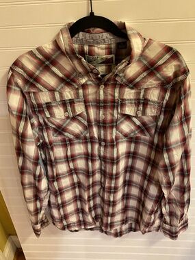 Red Snap Men’s Large Western Plaid Shirt Red Gray White 100% Cotton